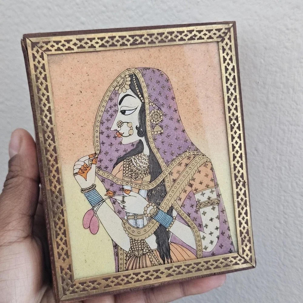 Vintage Indian Hand Painted Miniature Portrait Wood Jewelry Box‎ Brass Inlay 5x4