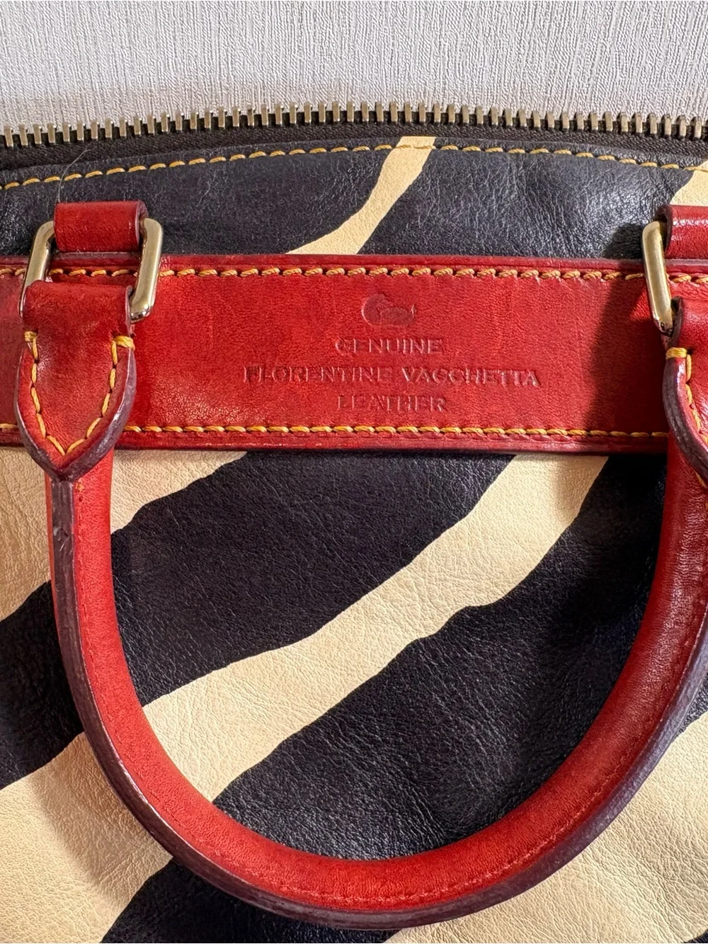 Dooney & Bourke Black and Cream Zebra Satchel with Red Trim