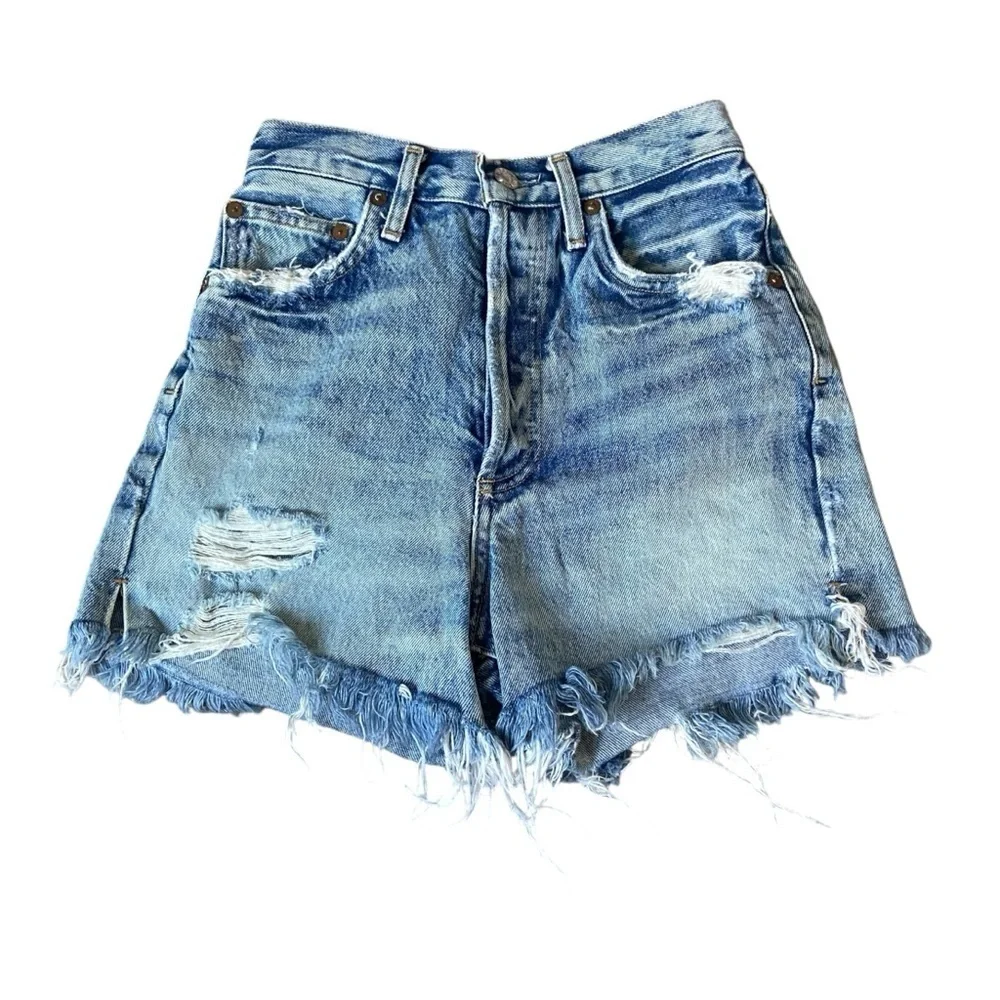 AGOLDE Dee Long Inseam Cut Off Denim Shorts Ricochet Sz 24 100% Cotton A083