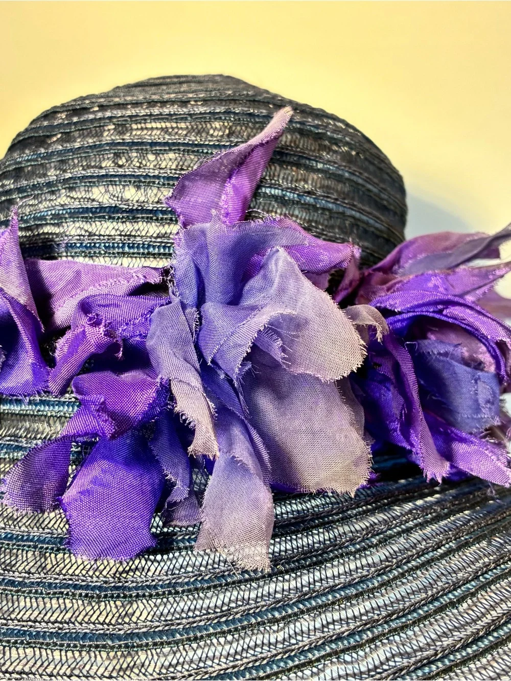 Dramatic Navy Wide Brim Sun Hat Purple Flowers Tea Party Derby Statement Hat