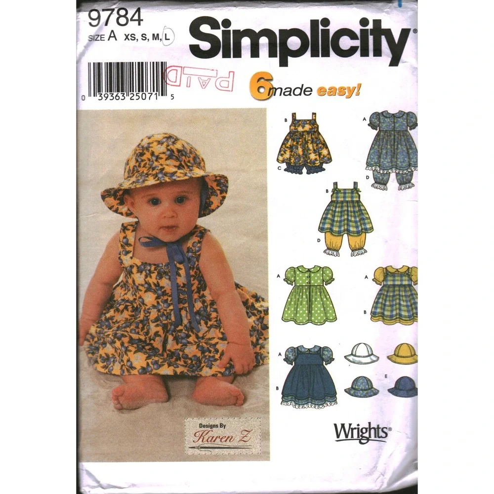 Simplicity 9784 Baby Sewing Pattern Dress Top Bloomers Hat Size XS-L Karen Z