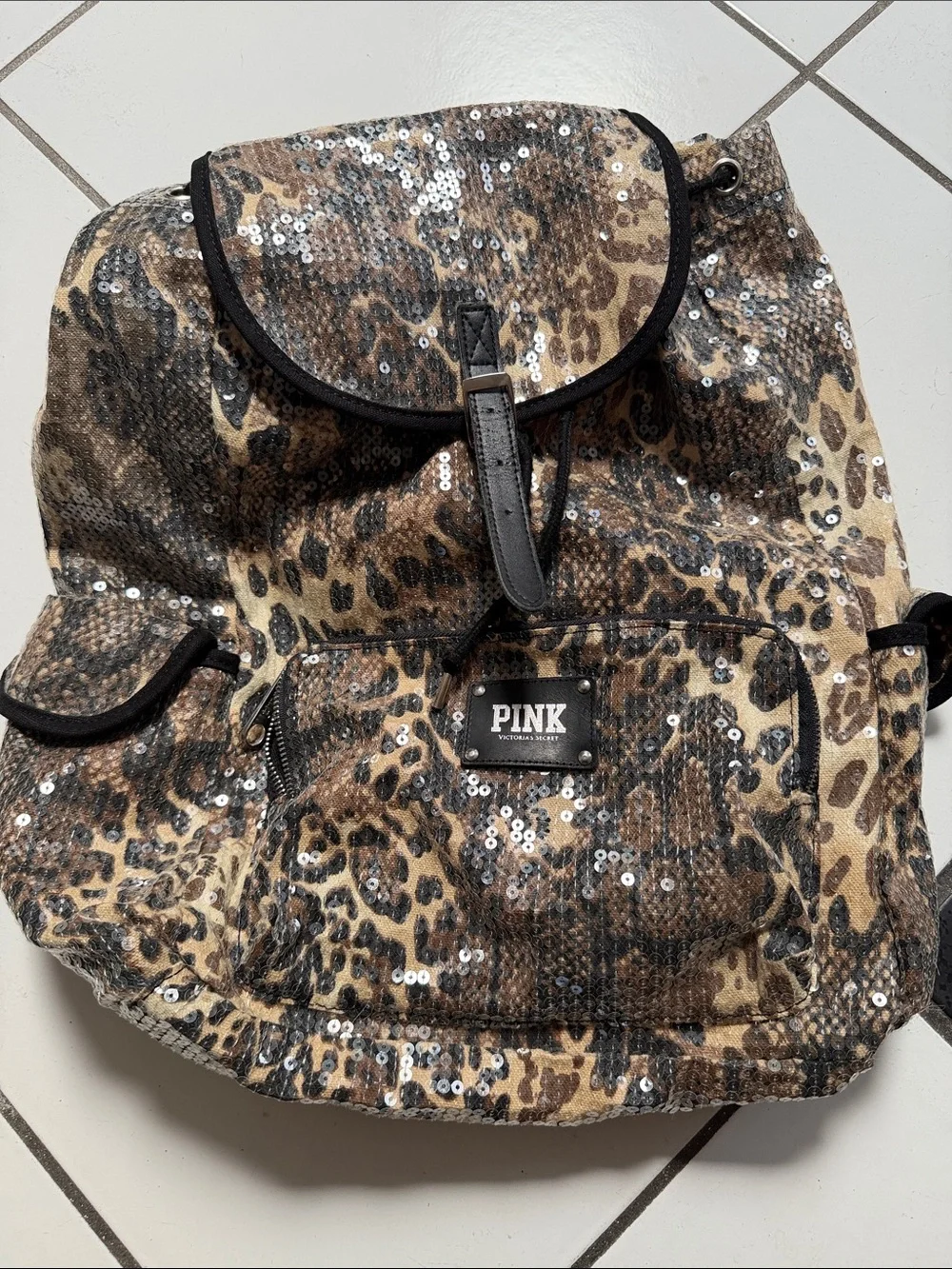 PINK Victoria's Secret Leopard Sequin Backpack - Brown & Black
