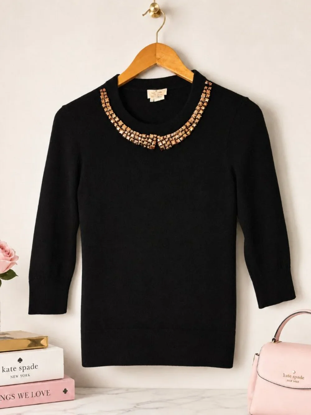 Kate Spade Avaline Sweater Jeweled Black Wool Cashmere Pullover Medium
