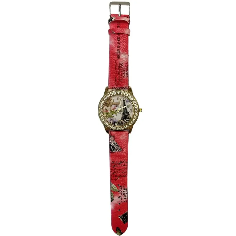 Women's PARIS EIFFEL TOWER BEJEWELED WATCH Red Pink Strap - NEW BATTERY