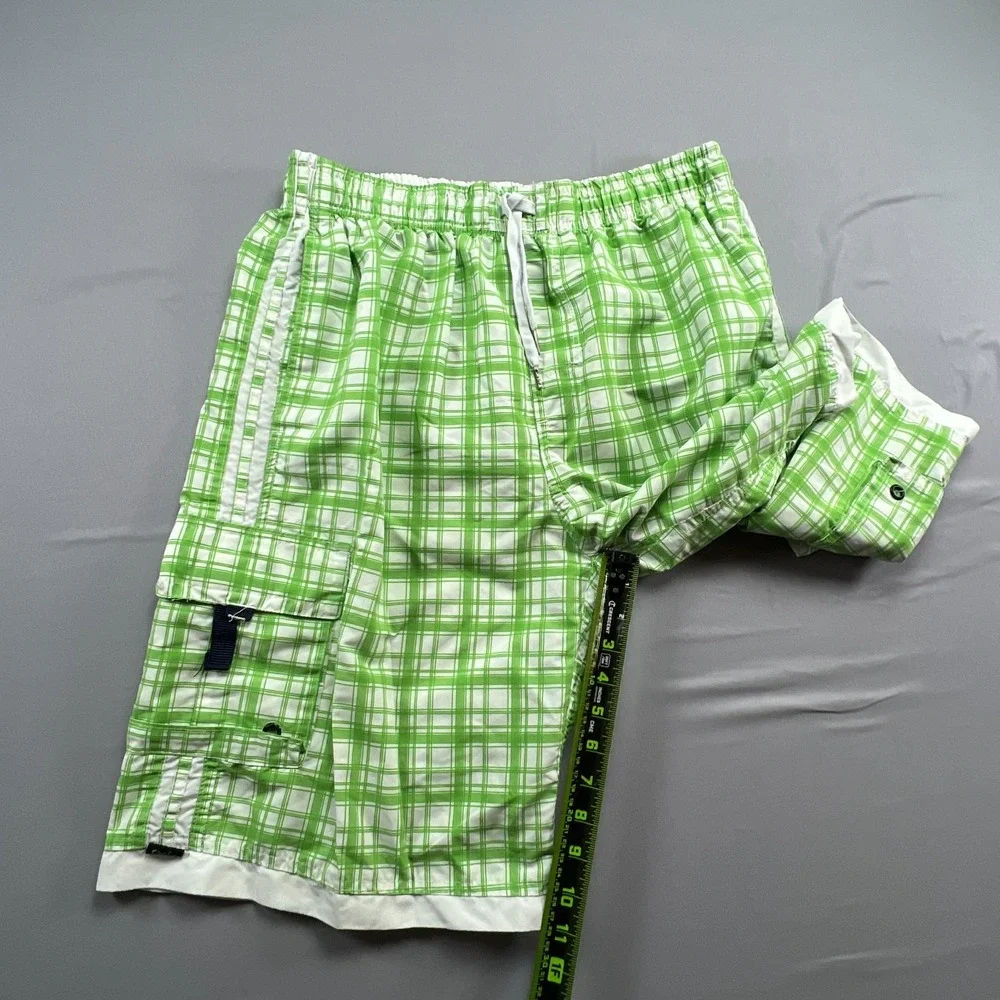 Pacific Surf By Exist Board Shorts Mens Large White Green Plaid Mesh Lined Beach