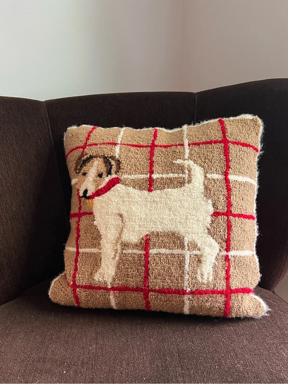 Beige & Red Plaid Jack Russell Terrier Dog Accent Pillow