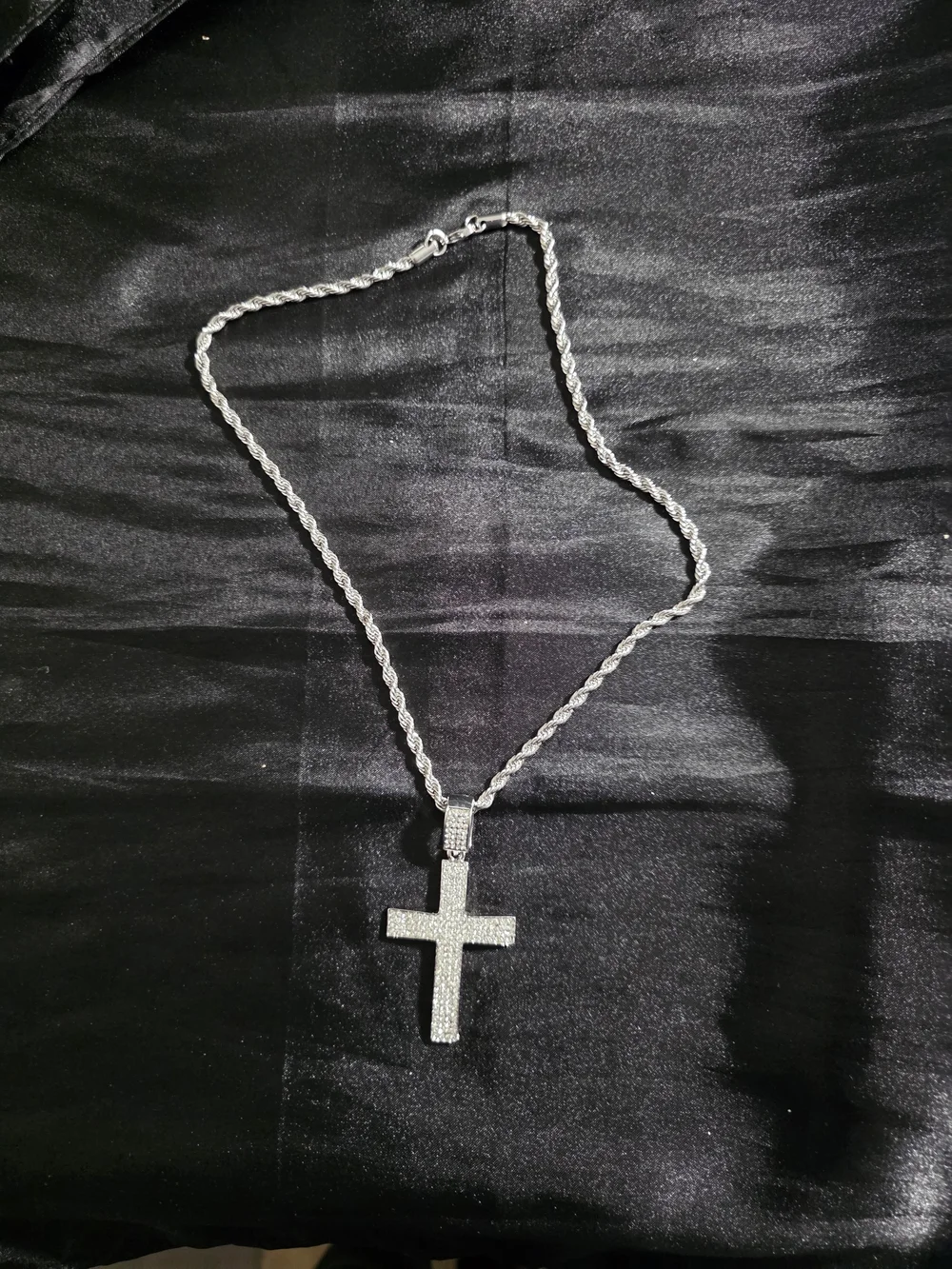 Silver Tone Rope Chain Bling Cross Charm Pendant Swaggy Necklace,