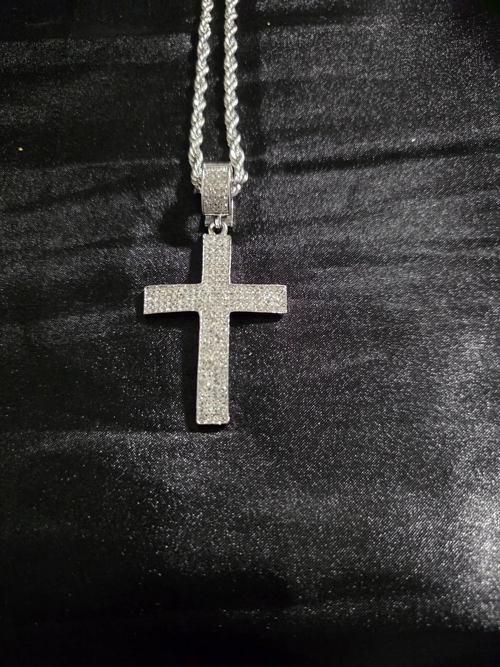 Silver Tone Rope Chain Bling Cross Charm Pendant Swaggy Necklace,