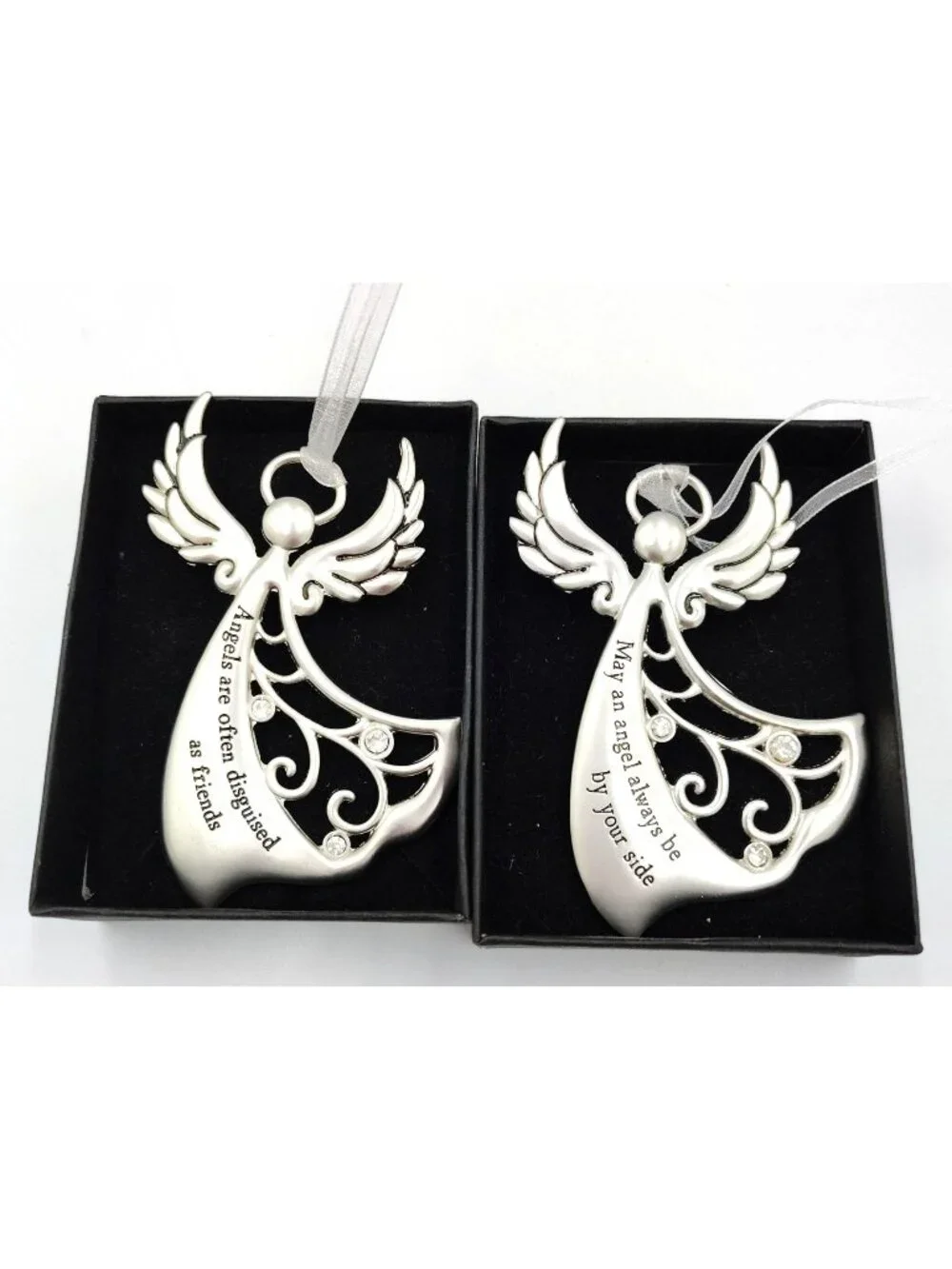 Angel Christmas Ornament Lot of 2 Silver Tone Rhinestone Inspirational Gifts