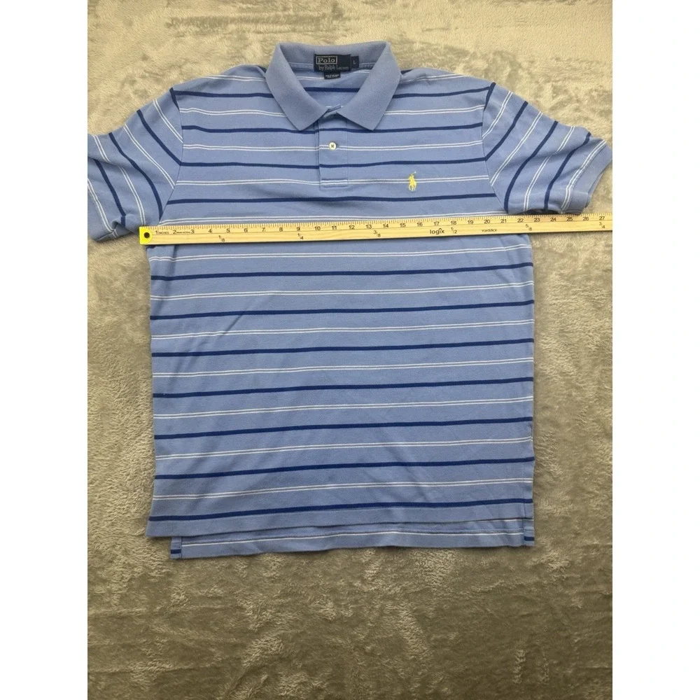 Polo Ralph Lauren Mens L Blue Striped Polo Shirt Yellow Pony Short Sleeve