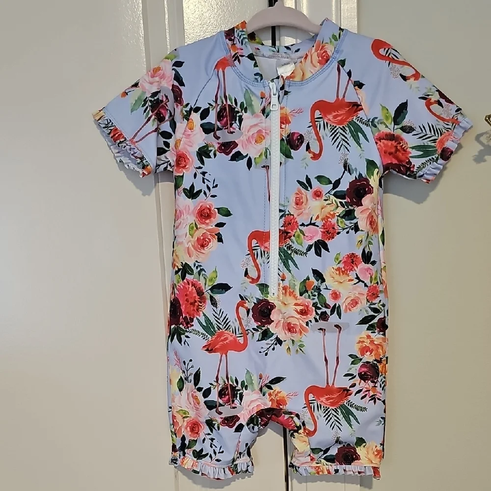 2 - 3y Swimsuit Romper Floral Flamingo Zip Ruffle Trim