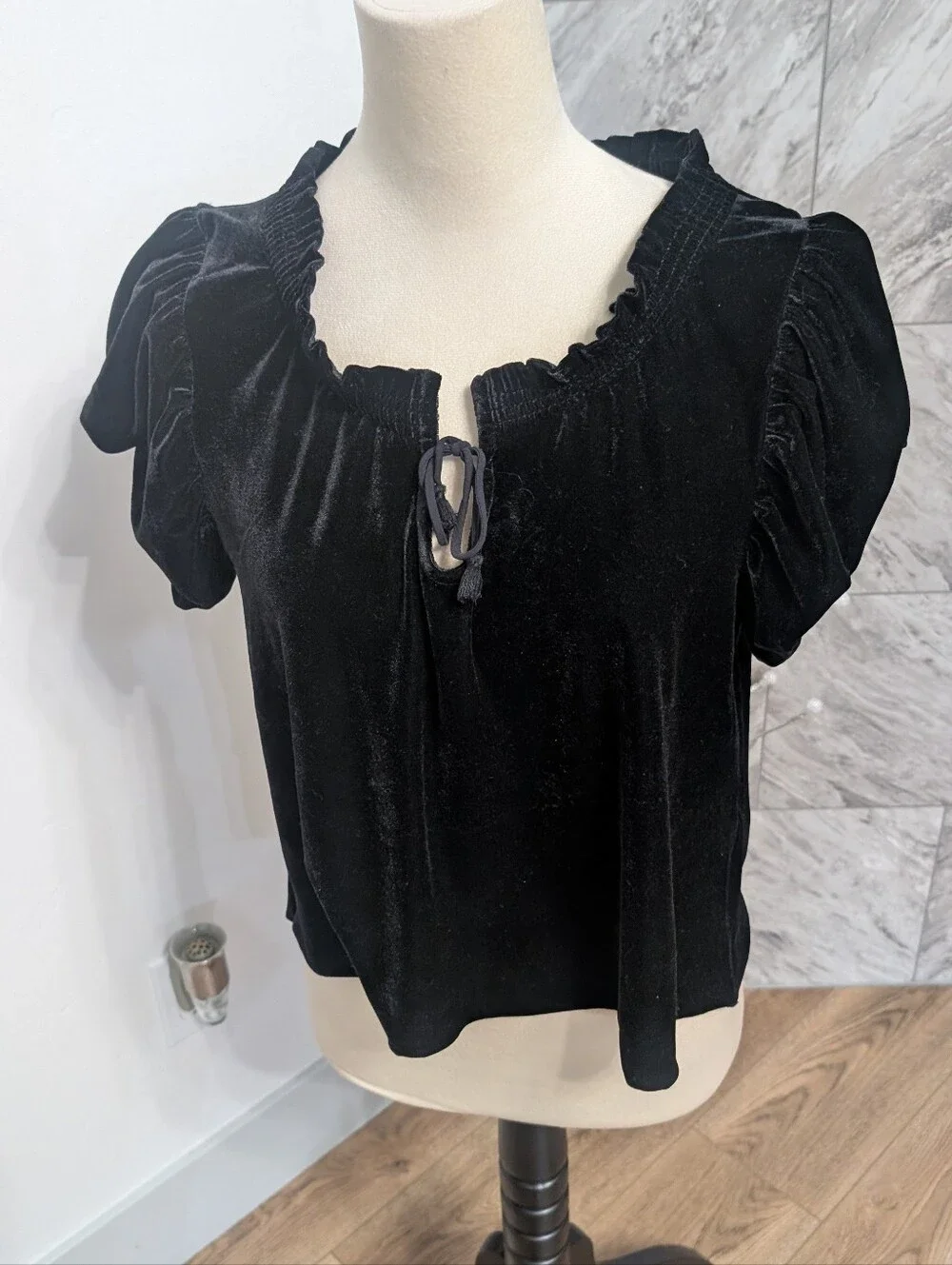 Black Velvet Tie-Neck Women's Top