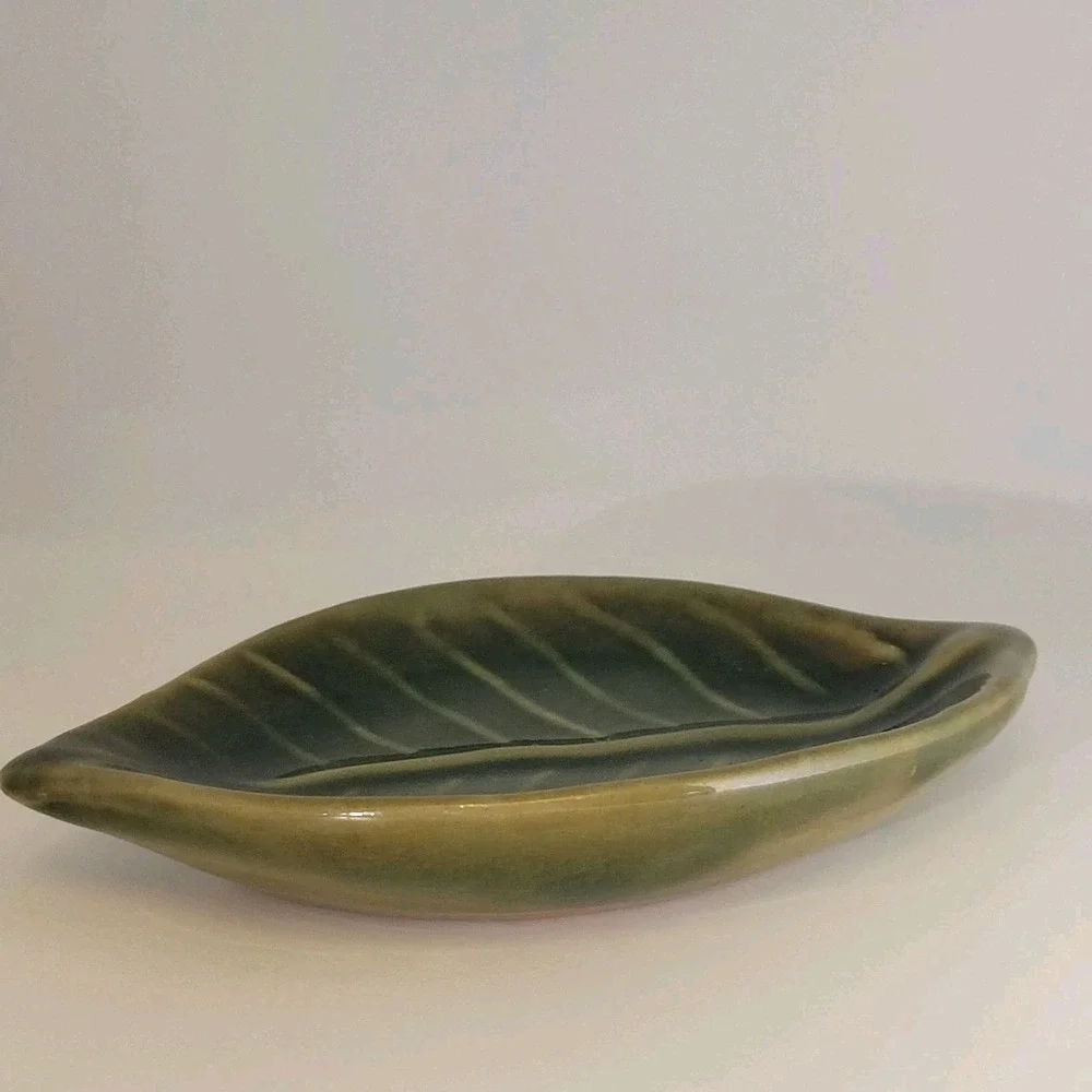 Pier 1 Leaf‎ Dish Green Brown Pottery Trinket Tray 6