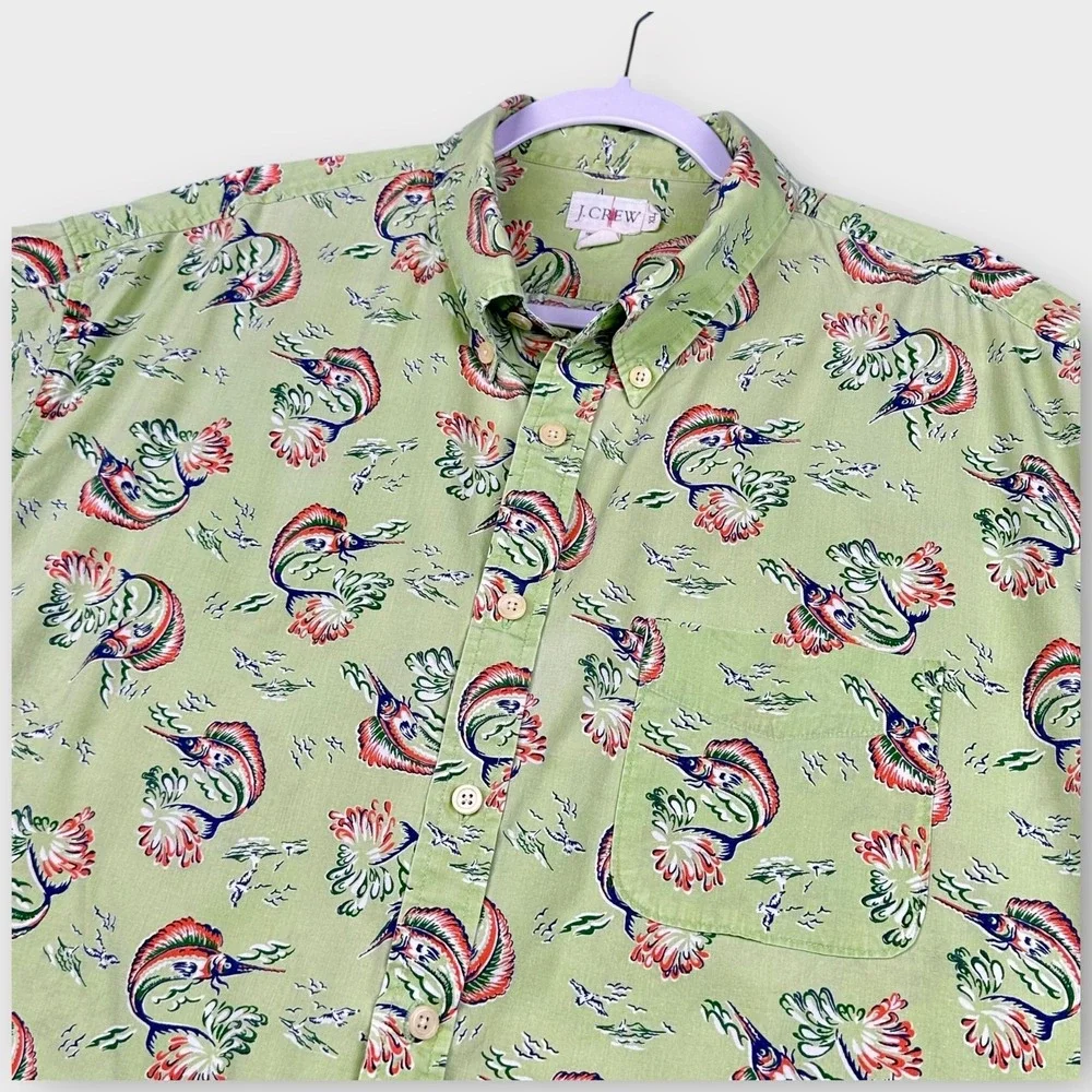 VTG J Crew Shirt‎ Mens XL Green Marlin Fish Print Short Sleeve Cotton Oarsman