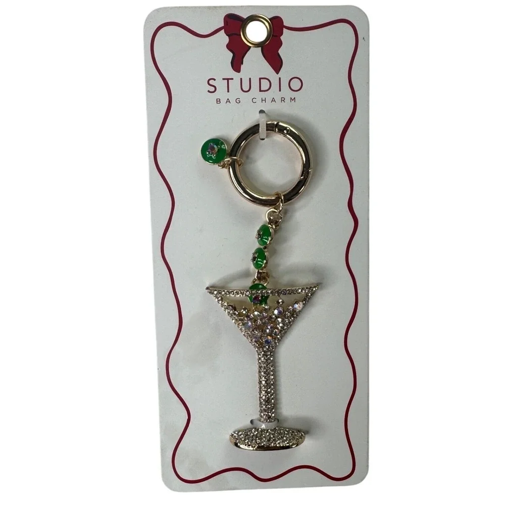 Studio Bag‎ Charm Martini Cocktail Glass Rhinestone Keychain Gold Tone