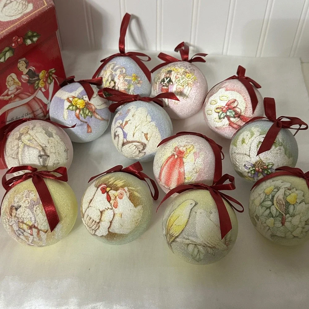 12 Days of Christmas Sugar Ball Ornament Set Excellent Glittered‎ Red Boxed 12pc