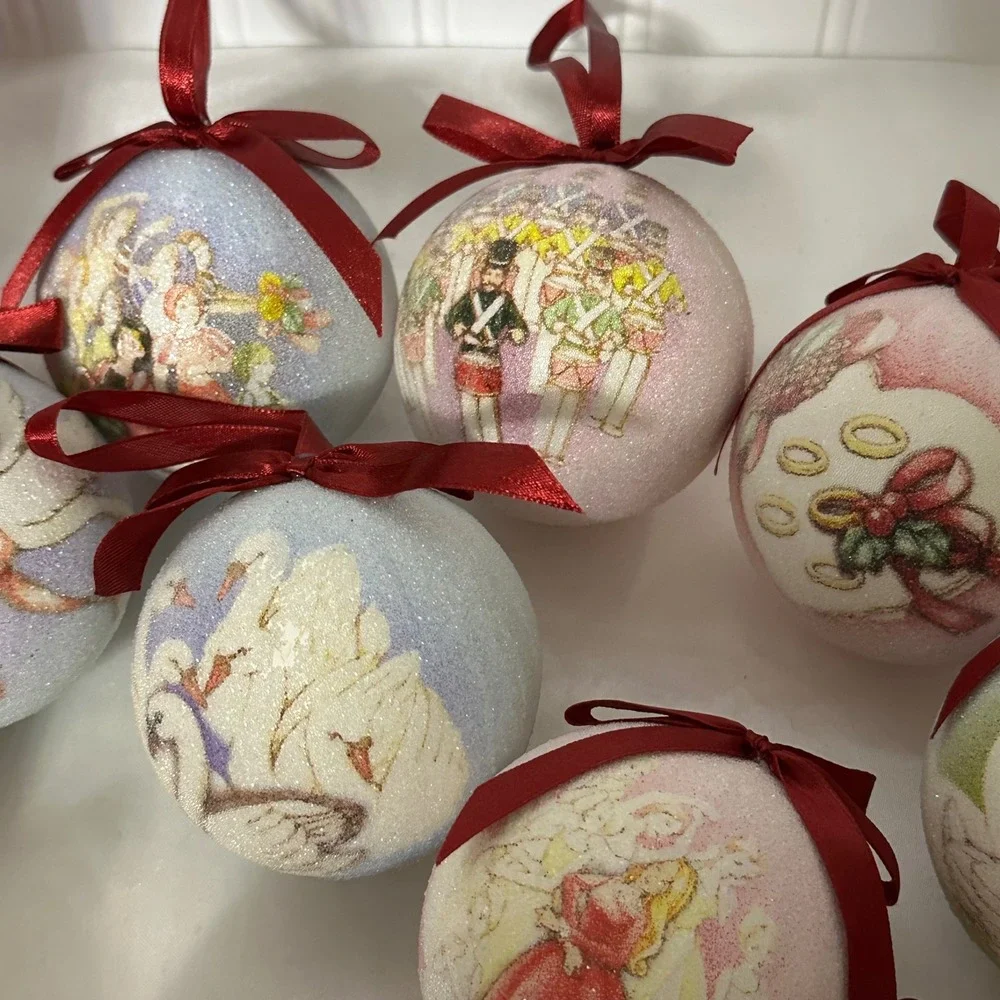 12 Days of Christmas Sugar Ball Ornament Set Excellent Glittered‎ Red Boxed 12pc
