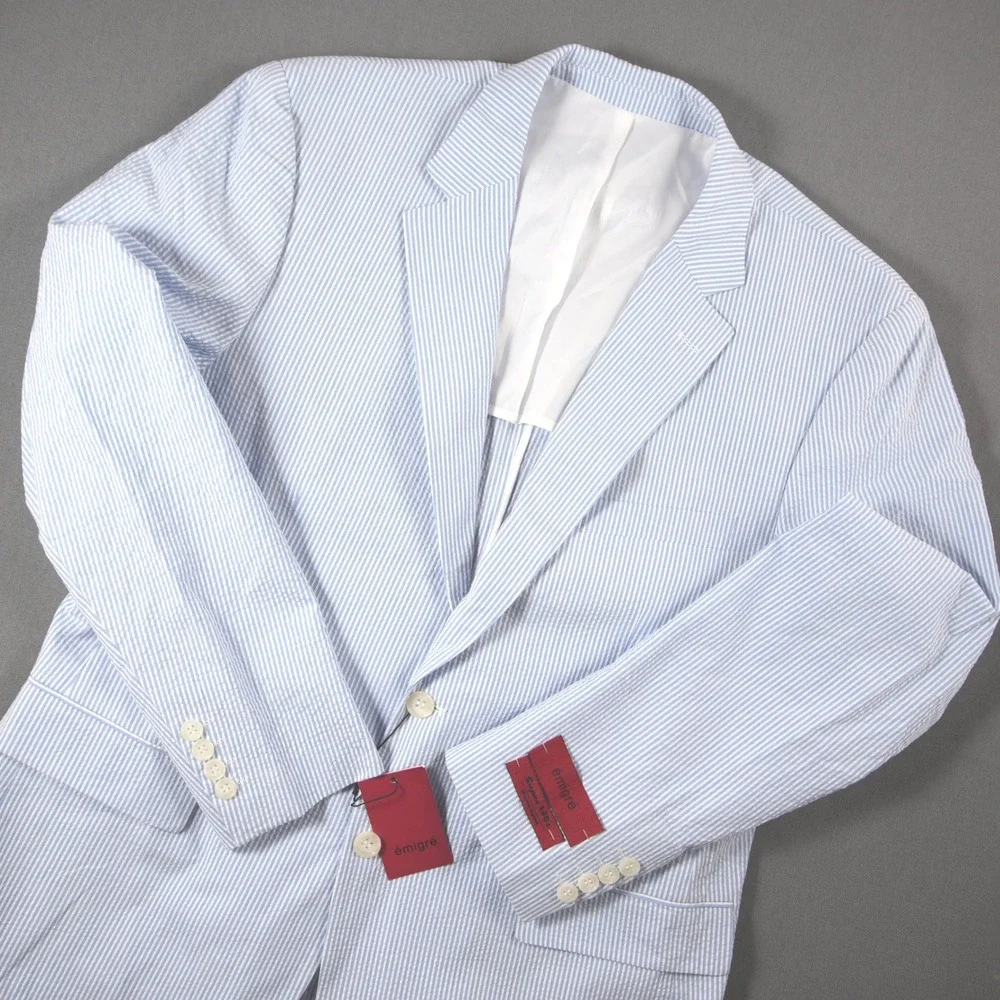 Super 140s Seersucker Striped Men Blazer R44 Resort Coastal Derby Ivy Emigre