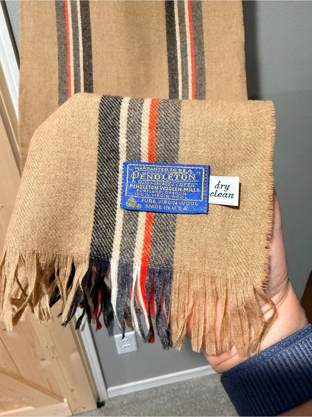 Vintage Pendleton Wool Scarf Striped Tan Beige Orange Fringe Made in USA 52