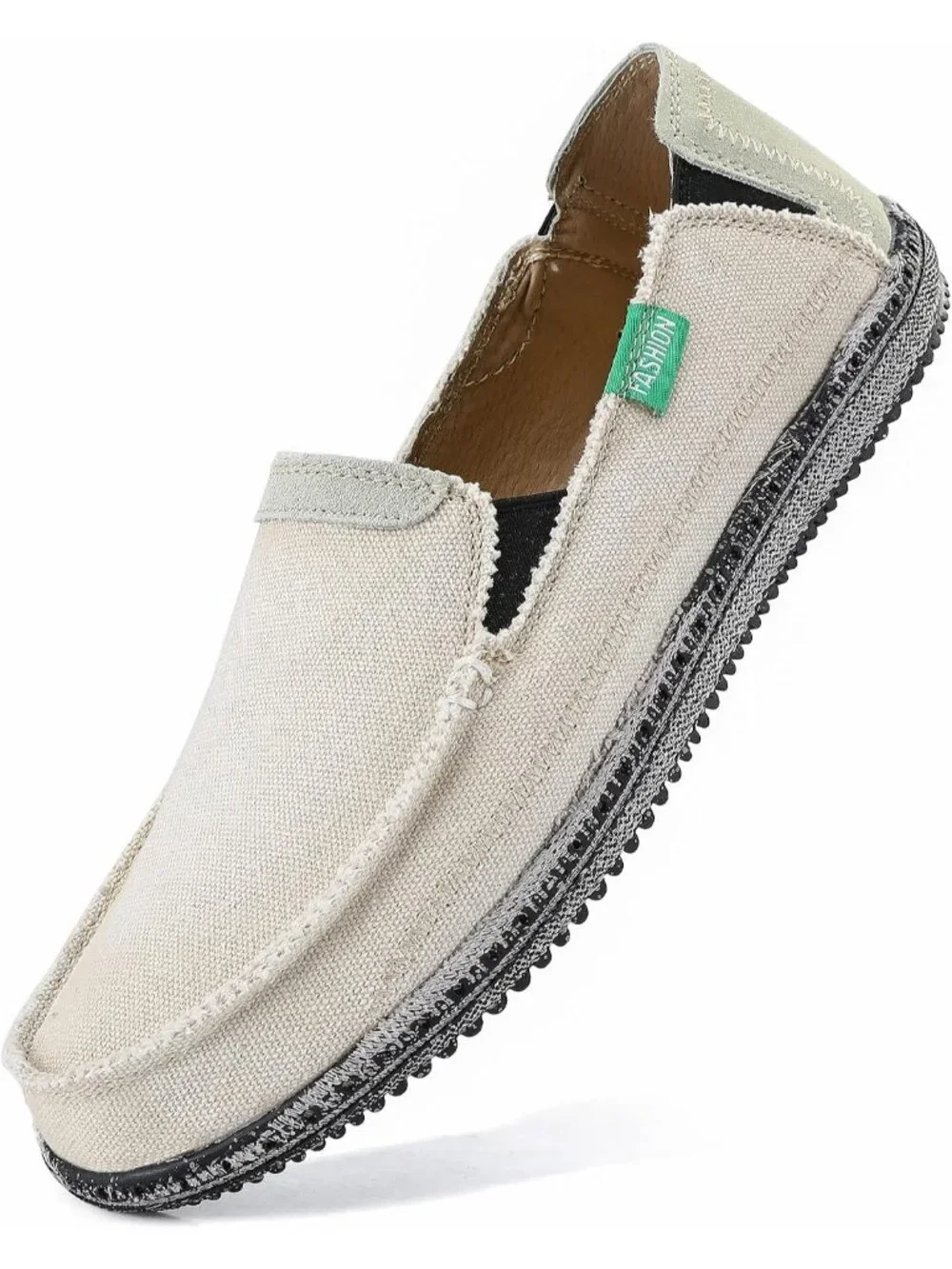 VILOCY Men's Beige White Rubber Canvas Slip On Loafers Vintage Flat Casual Shoes