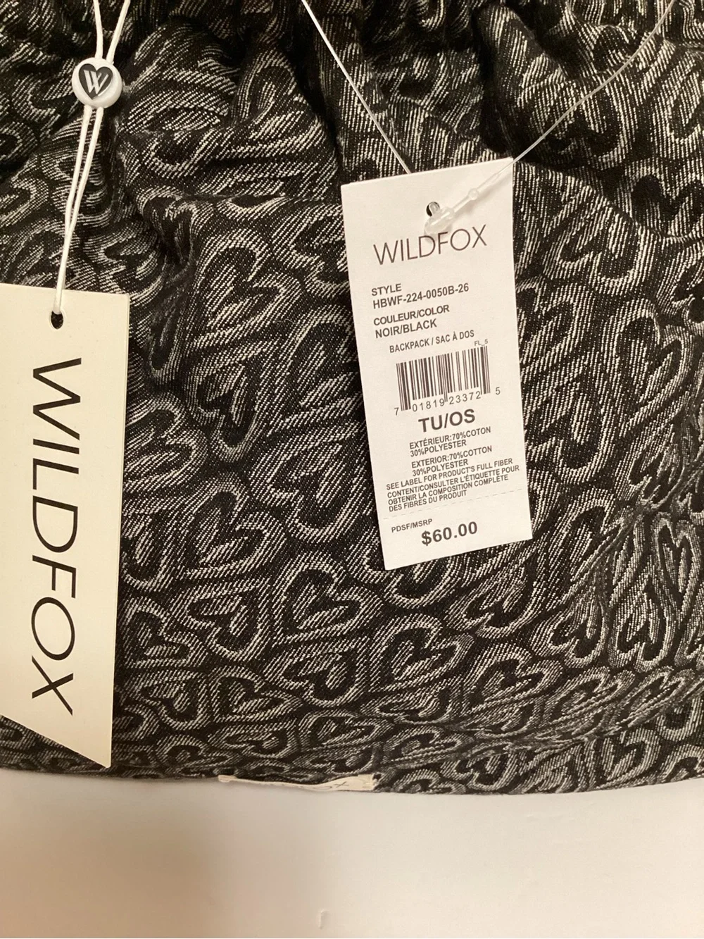 Wildfox Charcoal Heart Jacquard Drawstring Backpack, NWT