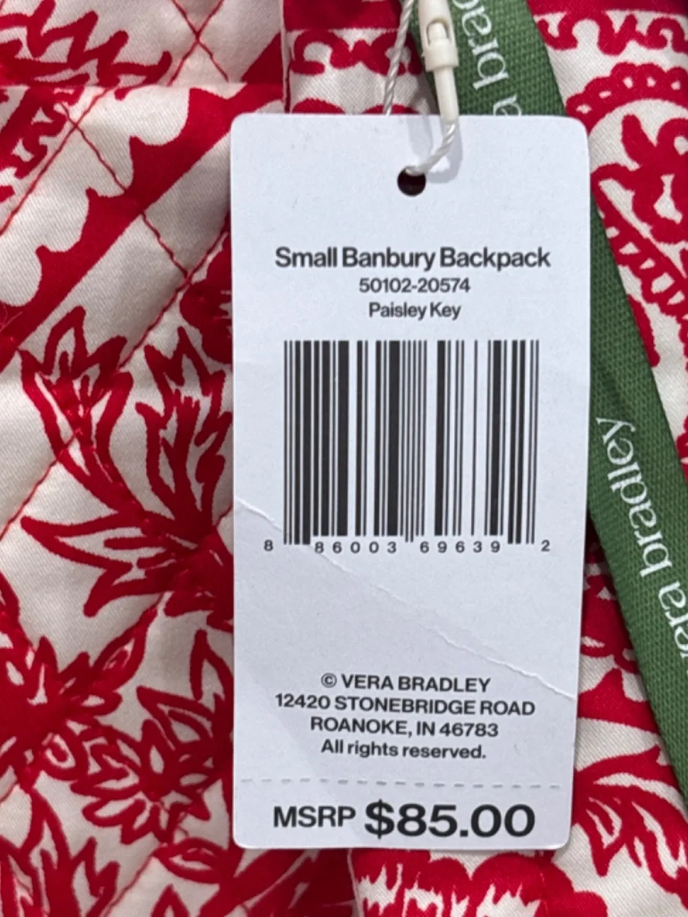 Vera Bradley Small Banbury Backpack Paisley Key White Red NEW