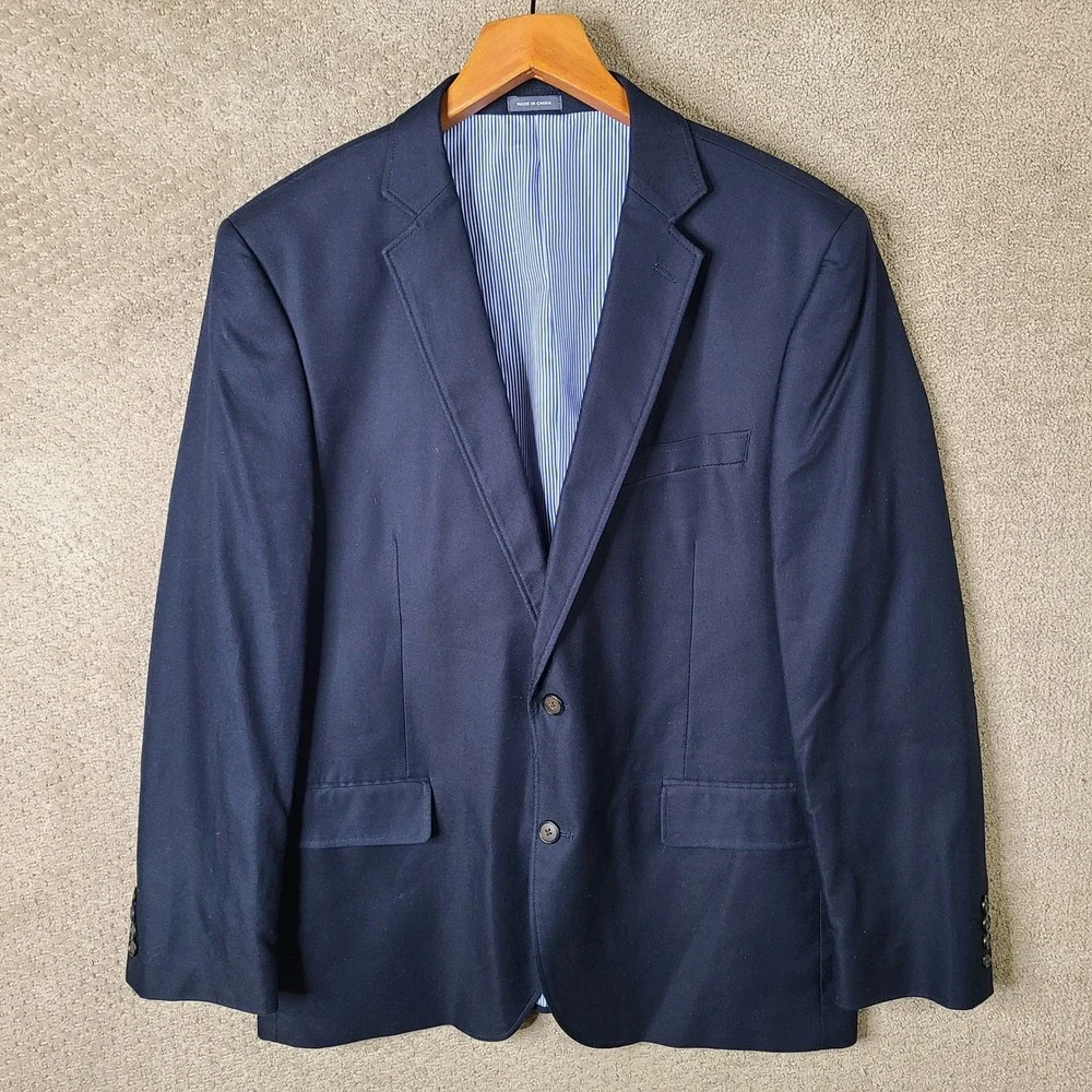 Stafford Jacket Mens 44R Navy Blue Blazer Classic Fit Cotton Sport Coat 2 Button