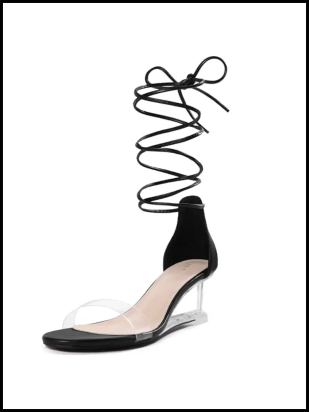 Clear Strap Lace Up Open Toe Wedges Heel Sandals Faux Leather