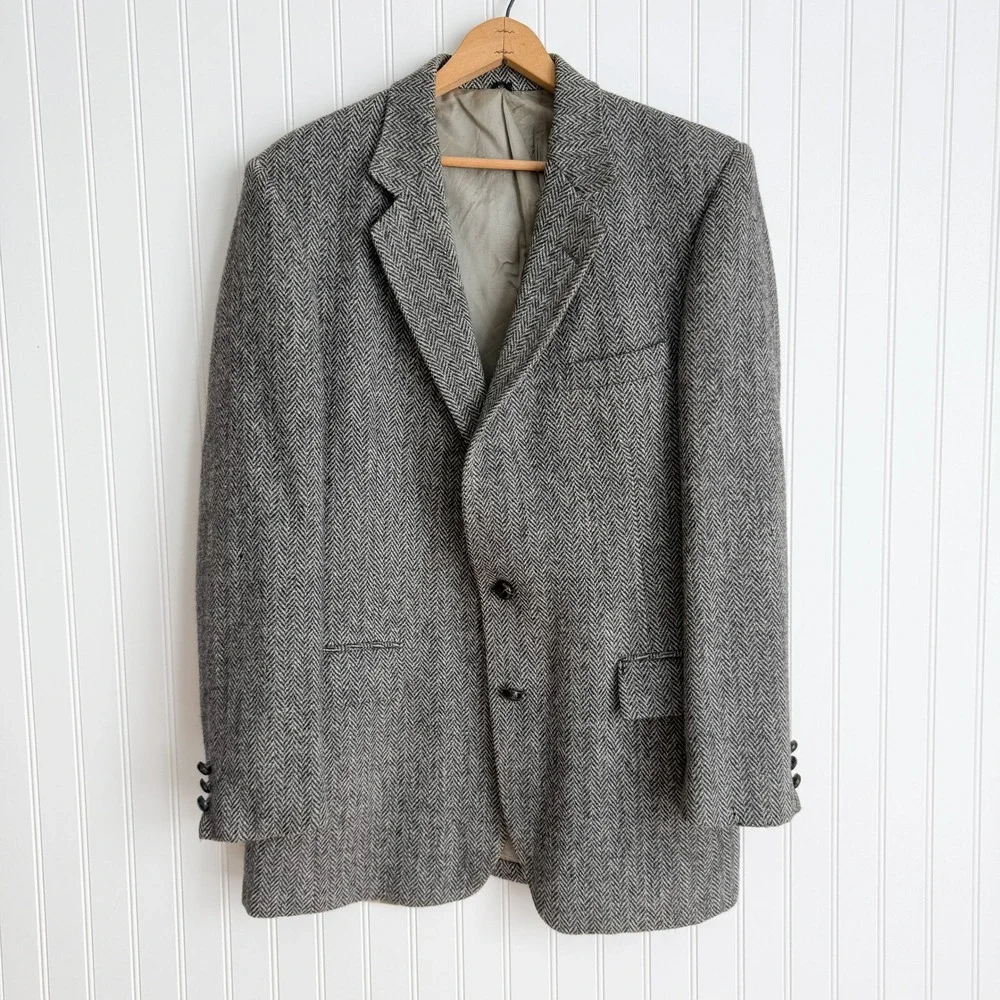 Harris Tweed vtg black white‎ herringbone wool men's sport coat jacket