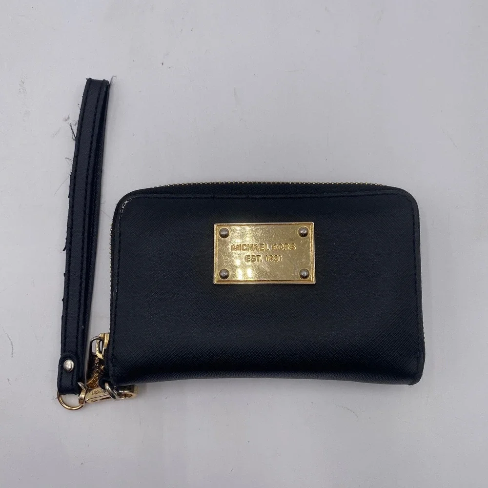 Michael Kors Jet Set Zip Around Wristlet Wallet Womens Black Saffiano Gold‎