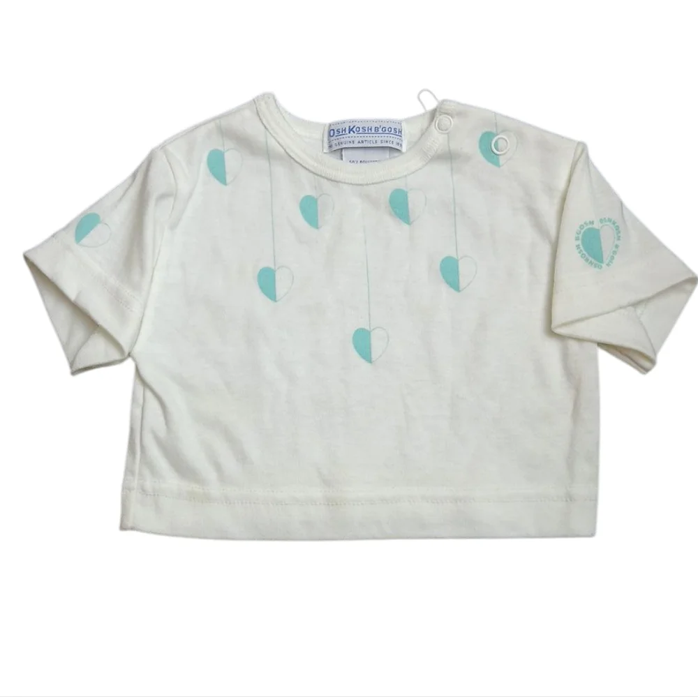 VTG Osh Kosh B'gosh‎ Kids White Shirt with Teal Heart Accents 12 Mos