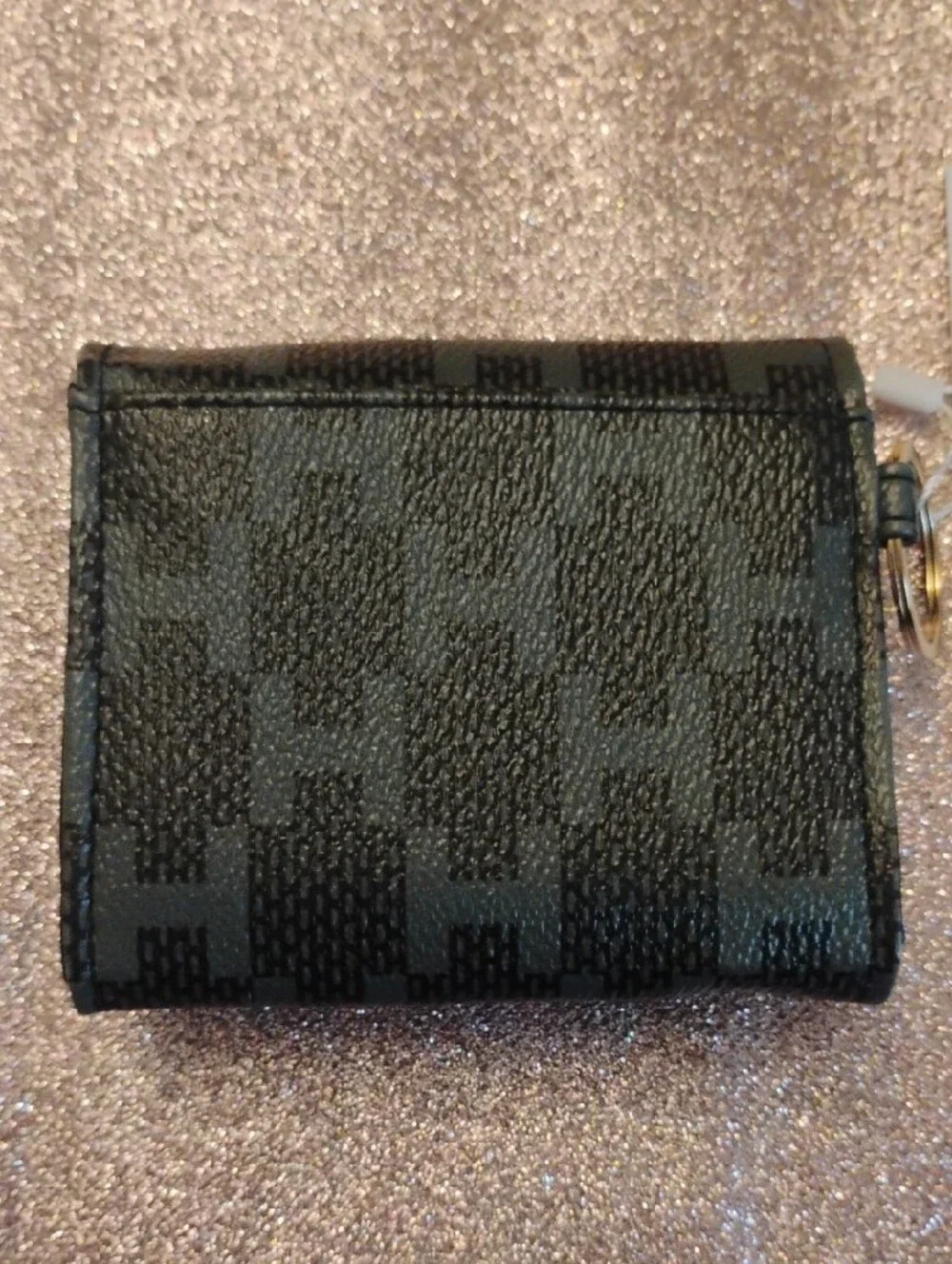 NWT H by Halston Black Gray Checkered Mini Wallet Gold Logo Key Ring