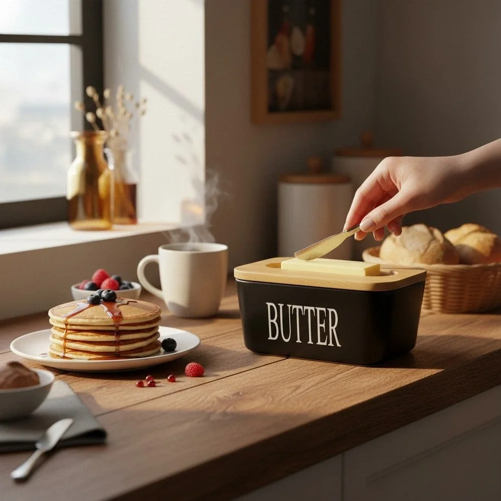 Hasense Butter Dish with Lid and Knife Black Ceramic Modern Farmhouse Brand New