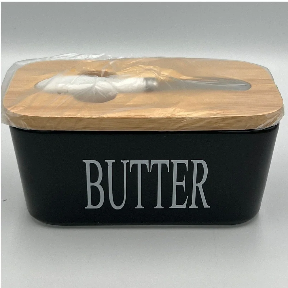 Hasense Butter Dish with Lid and Knife Black Ceramic Modern Farmhouse Brand New