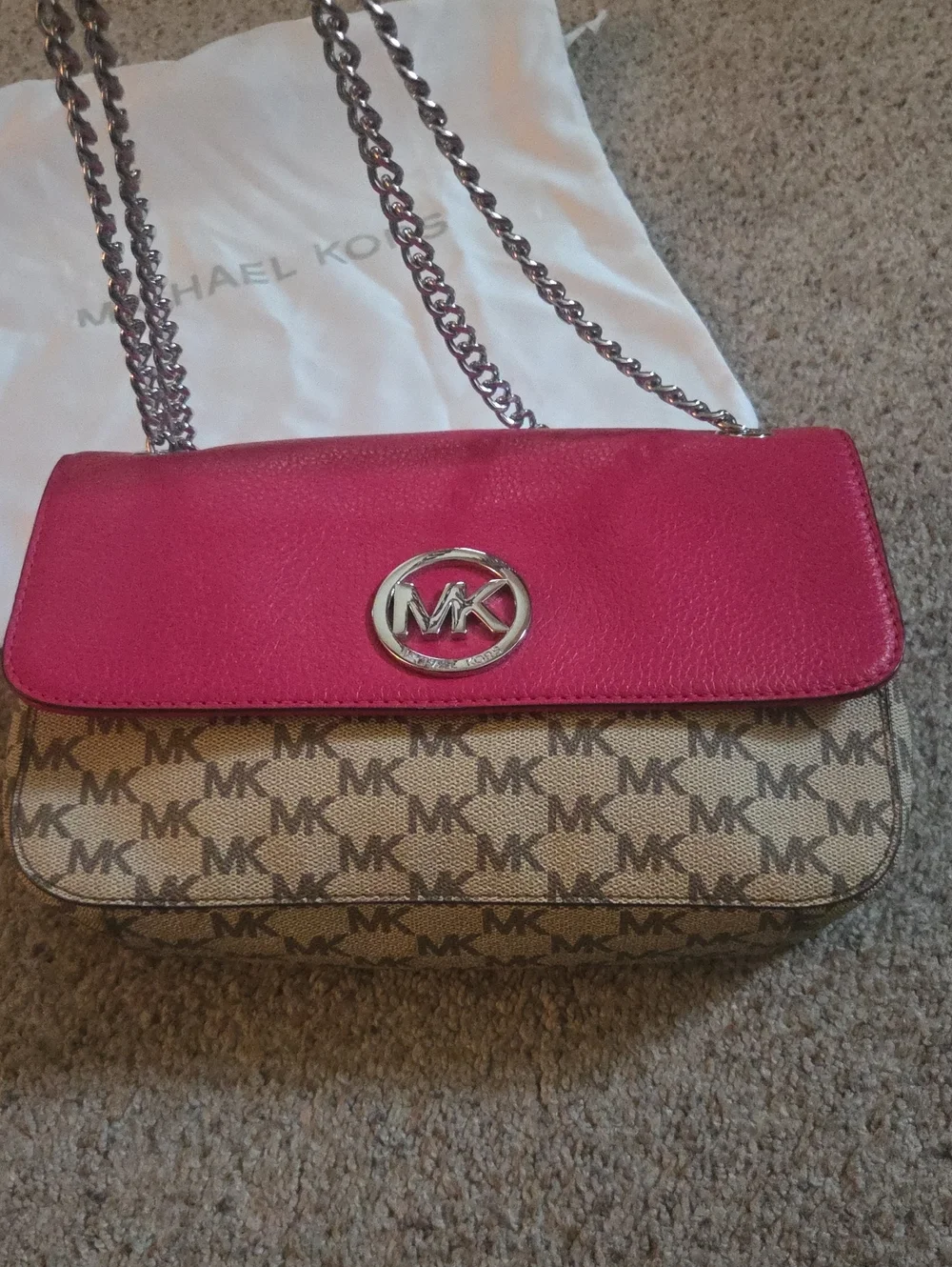 Michael Kors Pink Leather Flap MK Monogram Chain Crossbody