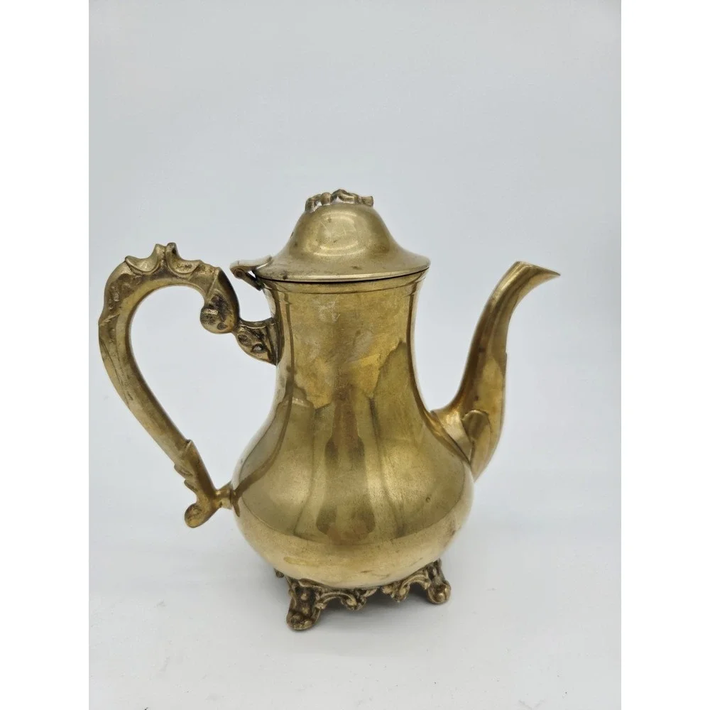 Vintage Indian Brass Teapot Coffee Server‎ Scroll Ornate Footed