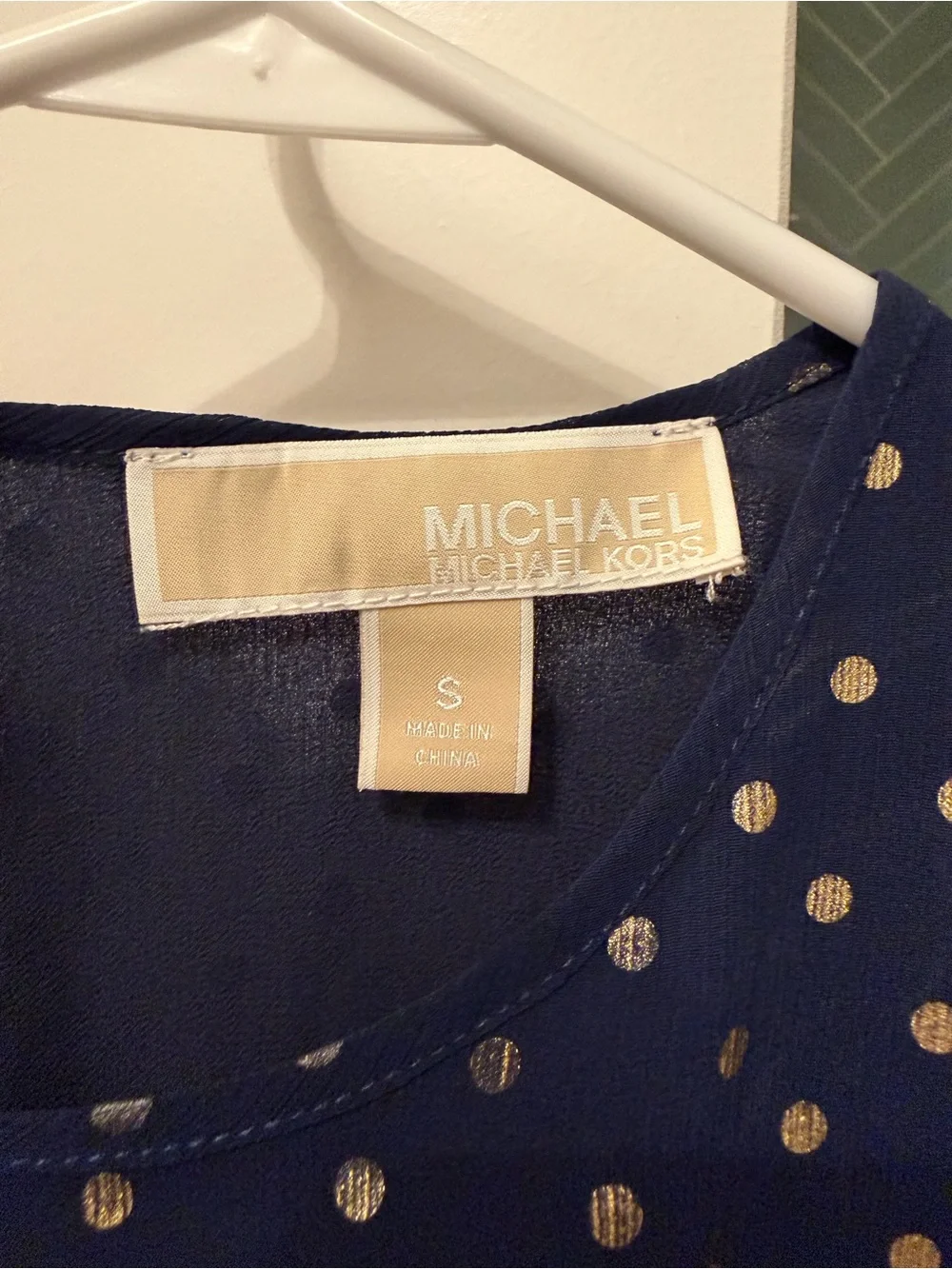 Michael Kors Navy Flutter Sleeve Blouse with Gold Polka Dots