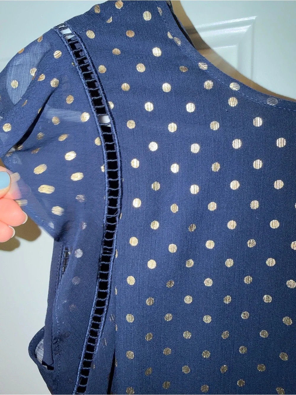 Michael Kors Navy Flutter Sleeve Blouse with Gold Polka Dots
