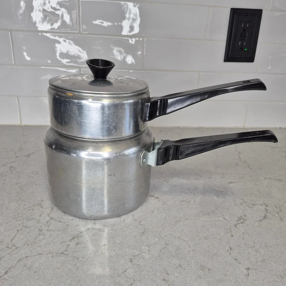 Vintage Double Boiler Aluminum Bakelite Handle Silver