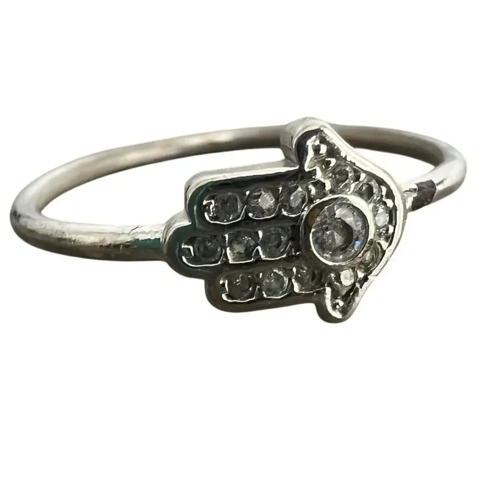 Rhinestone studded silver tone Hamsa hand ring - size 7