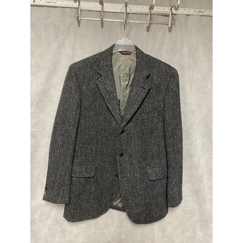 Jos A Bank Harris‎ Tweed Blazer Men 42R Gray Herringbone 3Btn Coat Jacket Luxury