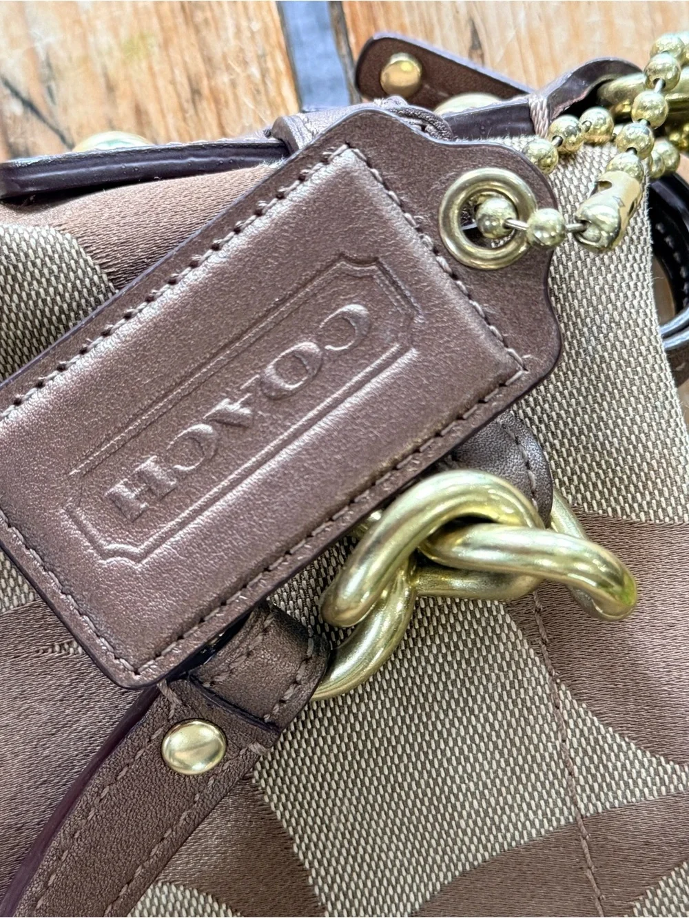 Coach Brown and Tan Canvas Shoulder Bag with Gold Hardware