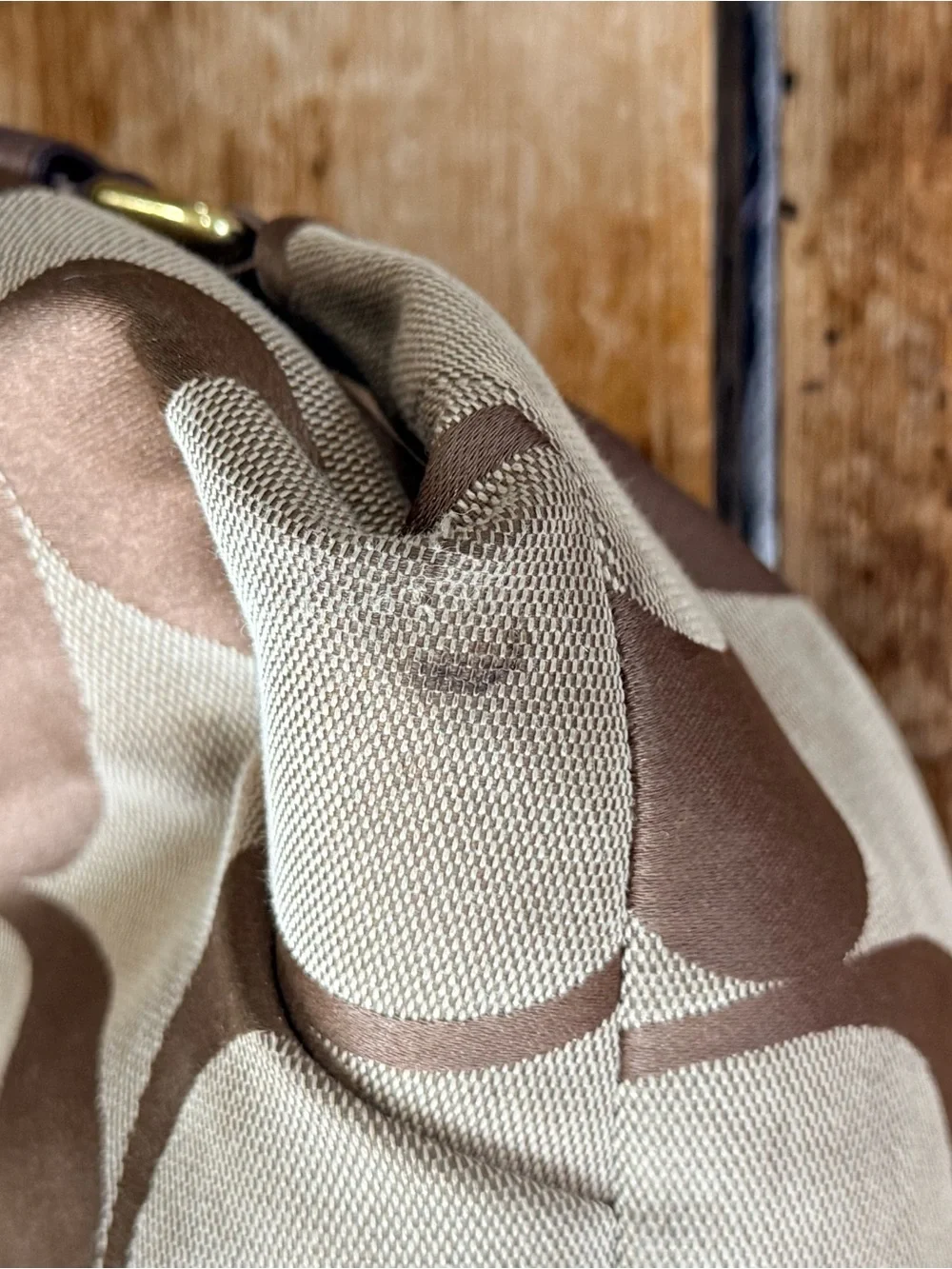Coach Brown and Tan Canvas Shoulder Bag with Gold Hardware
