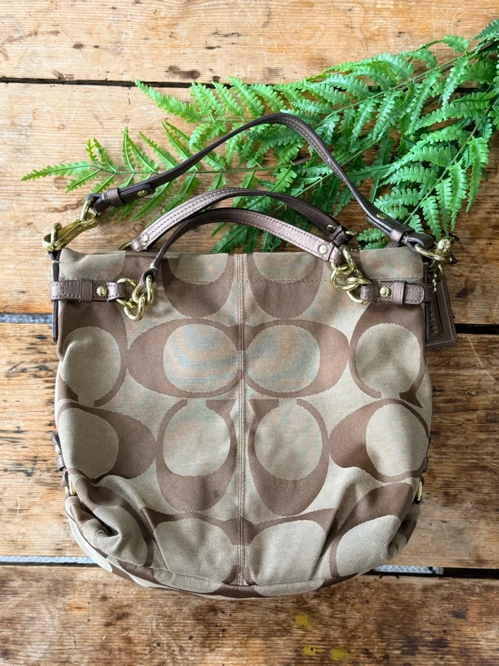Coach Brown and Tan Canvas Shoulder Bag with Gold Hardware