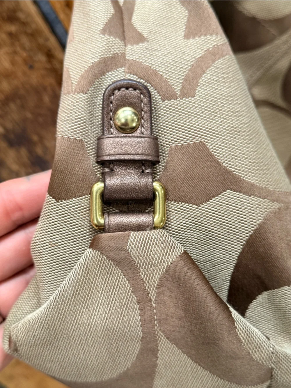 Coach Brown and Tan Canvas Shoulder Bag with Gold Hardware