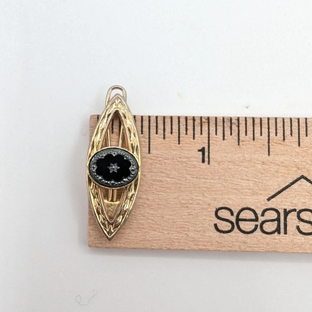 Vintage Gold Tone Black Enamel Star Marquise Bar Brooch Pin Celestial‎ Etched