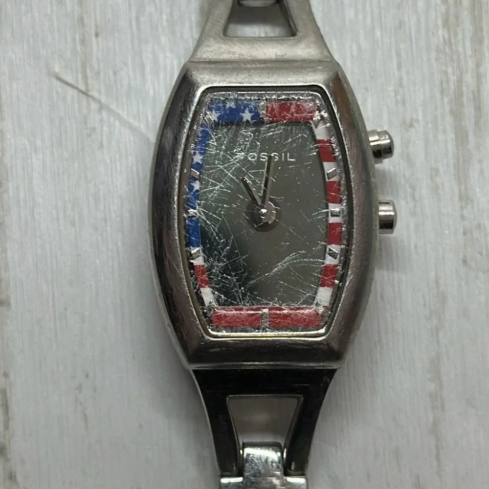 Fossil‎ BIG TIC ES9744 American Flag LED Dial Silver Tone Watch SCRATCHES