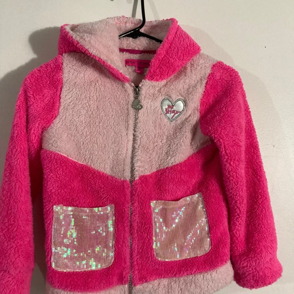 Betsey Johnson Hoodie Kids 7/8 Pink ‎ Sherpa Sequin Colorblock ZIP UP