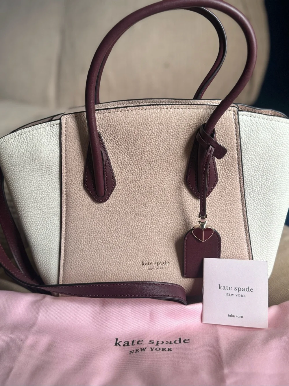 kate spade Two-Tone Pebbled Leather Tote in Blush, White and Burgundy