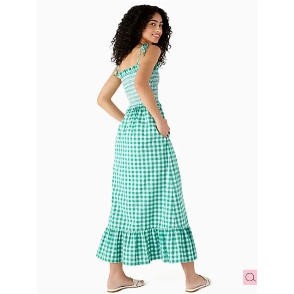 0008kate spade Green Gingham Smocked Maxi Dress